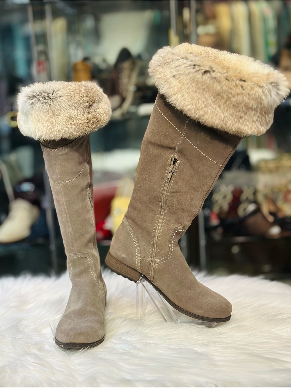 Lisa Kay Women's Suede Fur-Trim Knee Boots - Taupe size 38